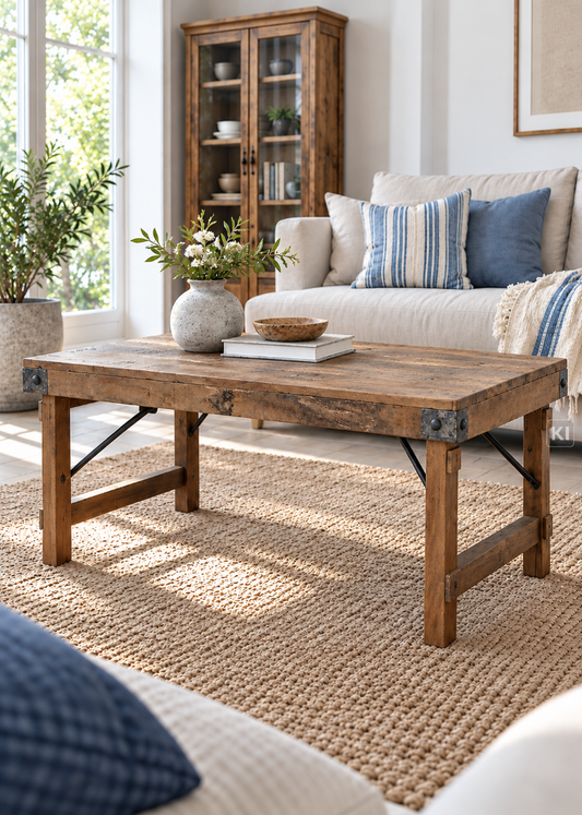 Altholz Couchtisch ENNE 110 cm, klappbar, im Industrial Design in einem hellen modernen Wohnzimmer