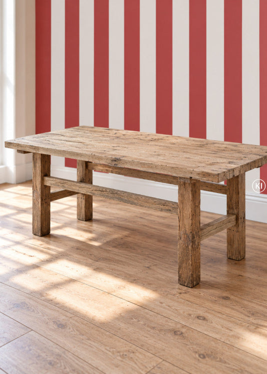 PAULA Altholz Couchtisch B 128 cm aus recyceltem Holz in Natur mit rustikalem Holzgestell