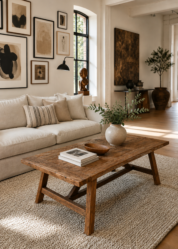 Couchtisch aus Altholz 120 x 70 cm mit rechteckiger Tischplatte und leicht ausgestellten Beinen im hellen Wohnzimmer.