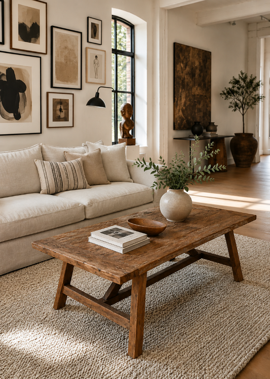 Couchtisch aus Altholz 120 x 70 cm mit rechteckiger Tischplatte und leicht ausgestellten Beinen im hellen Wohnzimmer.