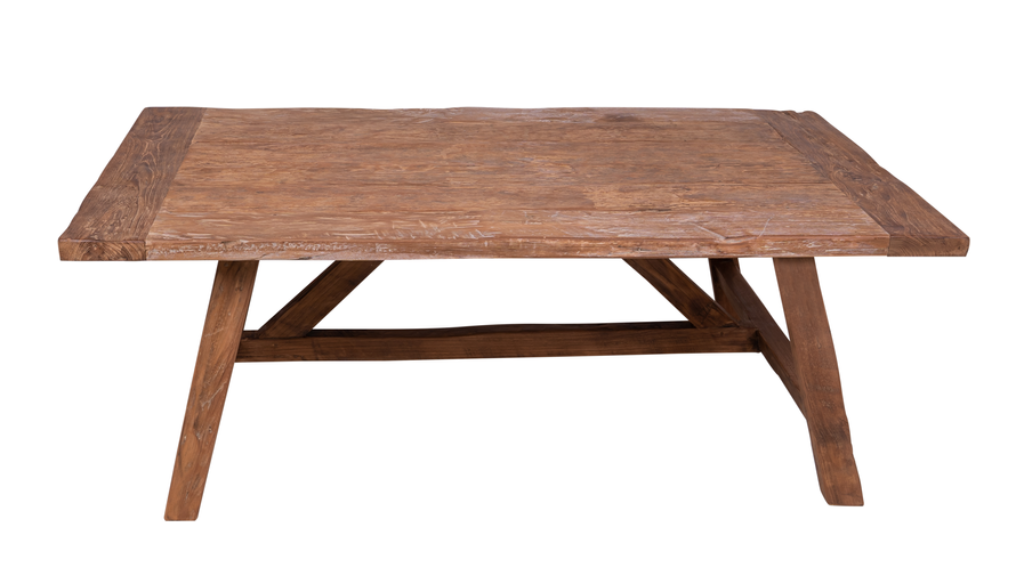 Handgefertigter Couchtisch aus recyceltem Altholz 120 x 70 cm mit natürlicher Holzmaserung und stabilem Holzgestell.