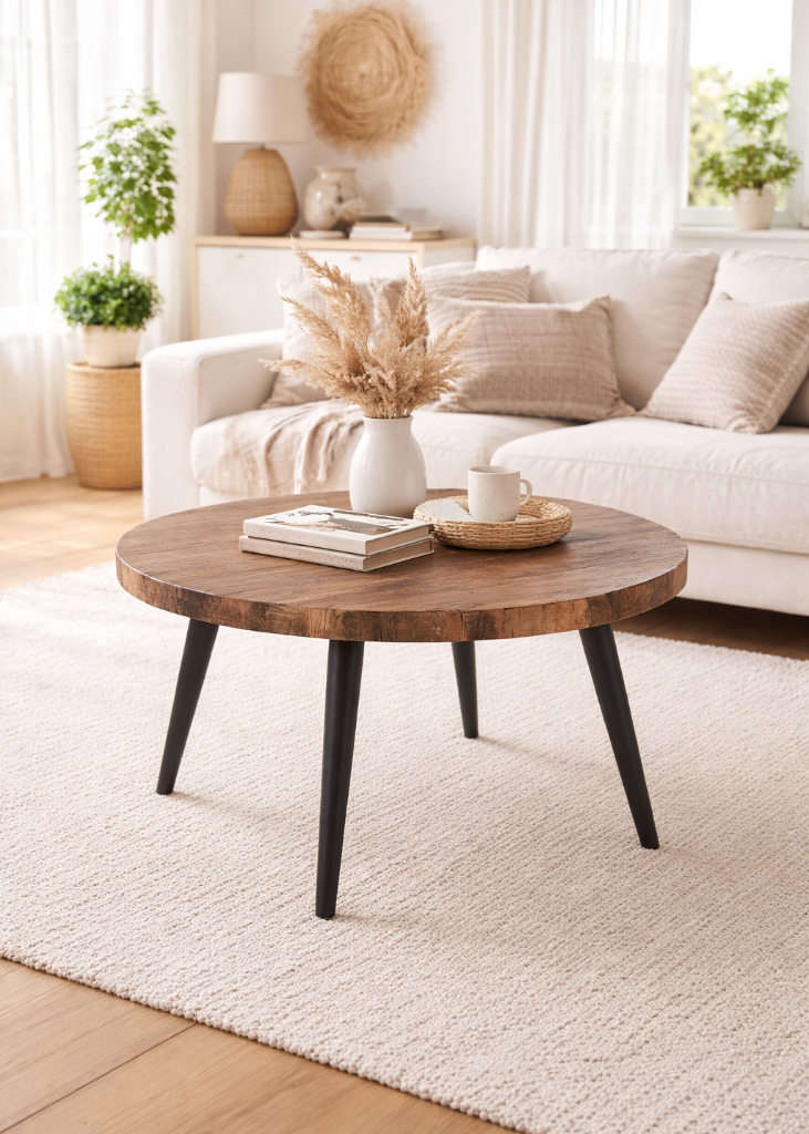Runder Couchtisch Ø80 cm aus recyceltem Altholz mit schwarzen ausgestellten Beinen