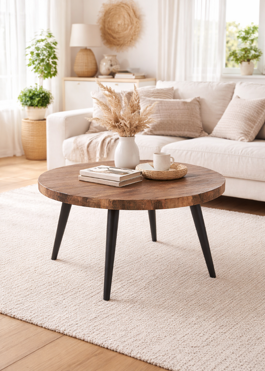 Runder Couchtisch Ø80 cm aus recyceltem Altholz mit schwarzen ausgestellten Beinen