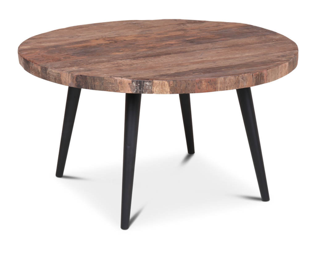 Moderner Wohnzimmertisch aus Altholz rund 80 cm mit natürlicher Holzstruktur