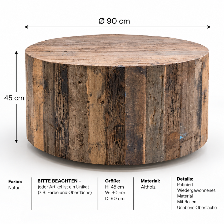 Runder Vintage Couchtisch JAY Ø 90 cm mit naturbrauner Holzoberfläche, charaktervoller Sofatisch im Industrial Design.