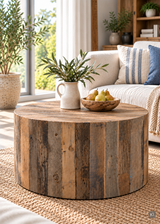 Couchtisch JAY aus massivem Altholz im hellen Wohnzimmer mit gemütlichem Sofa, rustikaler Wohnzimmertisch im Landhausstil.
