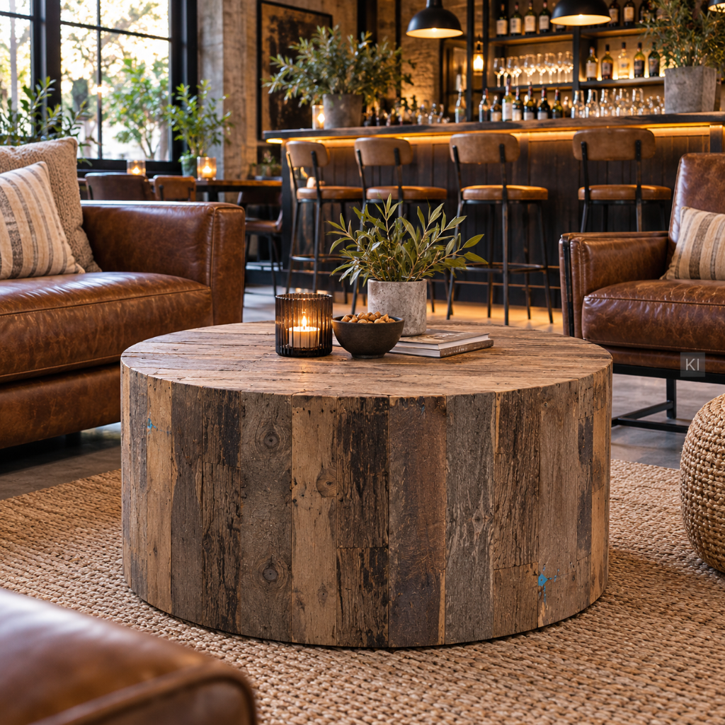 Runder Altholz Couchtisch JAY als stilvoller Loungetisch in einer gemütlichen Bar mit Ledersesseln und Industrial Einrichtung.