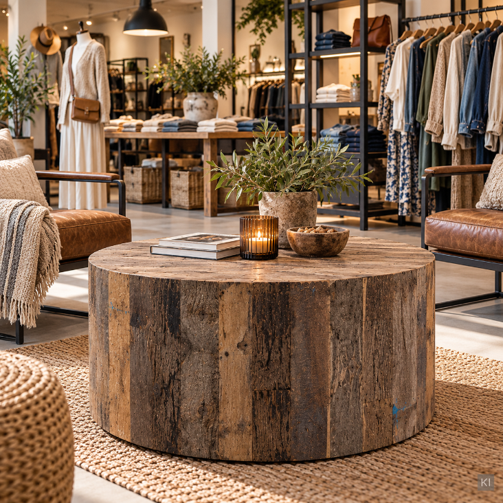 Rustikaler Couchtisch JAY aus recyceltem Altholz in der Kundensitzecke einer Modeboutique, außergewöhnliches Möbelstück für Ladeneinrichtungen.