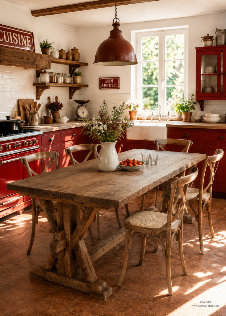 Altholz Esstisch LOLA 180x90 cm Landhaustisch aus altem Holz mit schönen Steckverbindungen in einer roten Landhausküche