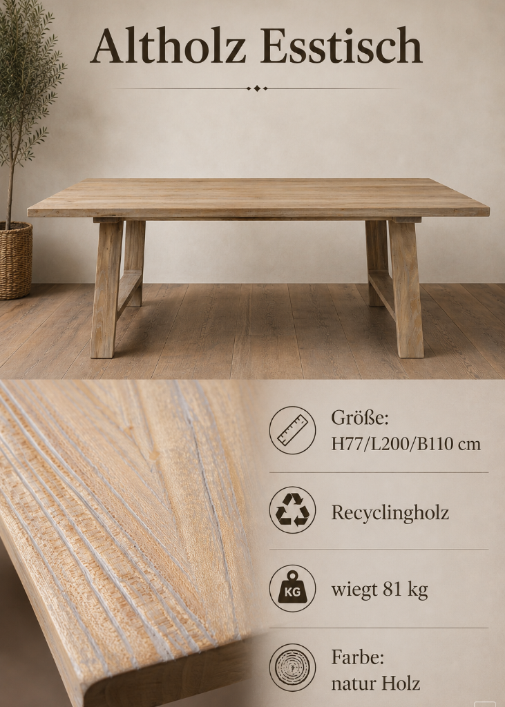 Altholz Esstisch 200 x 110 cm aus nachhaltigem Recyclingholz mit massiver Tischplatte