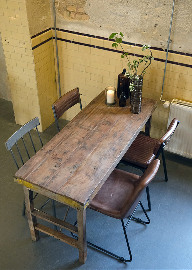 Esstisch klappbar 149 cm natur Vintage Altholz Küchentisch mit Lederstühlen