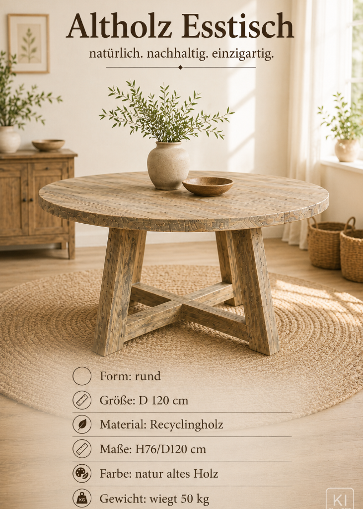 Altholz Esstisch rund 120 cm aus massivem Recyclingholz in natürlicher Holzfarbe – nachhaltiger Esstisch für Esszimmer, Küche und Wohnbereich.