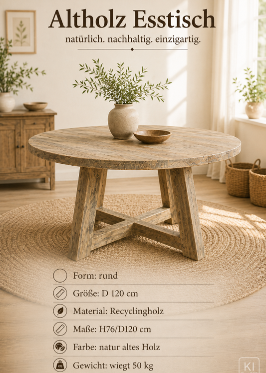 Altholz Esstisch rund 120 cm aus massivem Recyclingholz in natürlicher Holzfarbe – nachhaltiger Esstisch für Esszimmer, Küche und Wohnbereich.