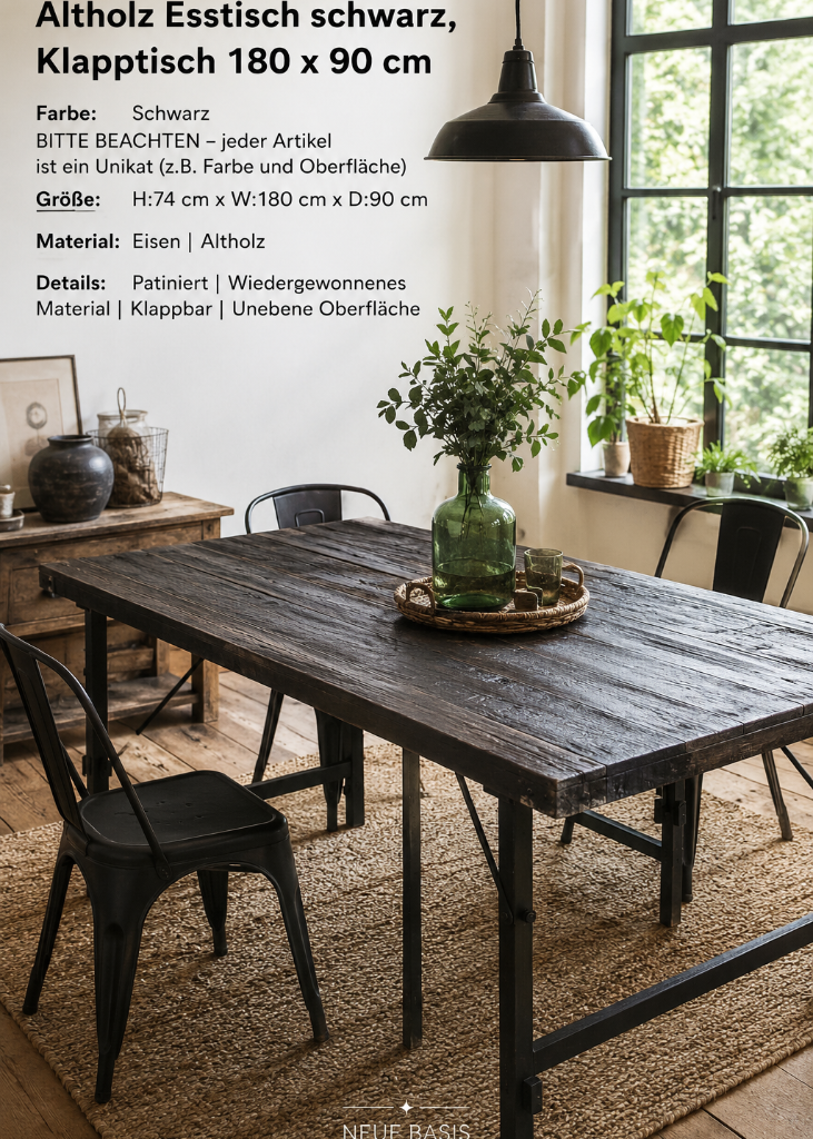 Esstisch TARA aus Altholz in Schwarz mit klappbarem Eisengestell im rustikalen Landhausstil.