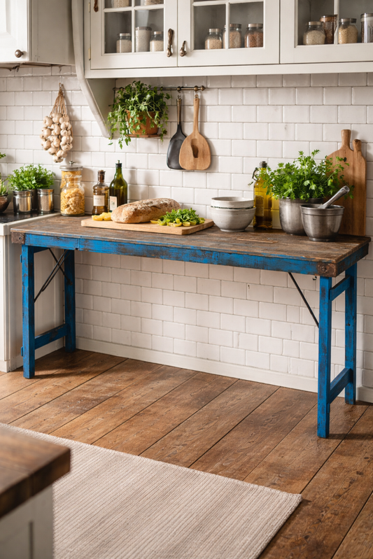 Alter Konsolentisch B 170 cm shabby blau, als Küchen Arbeitstisch