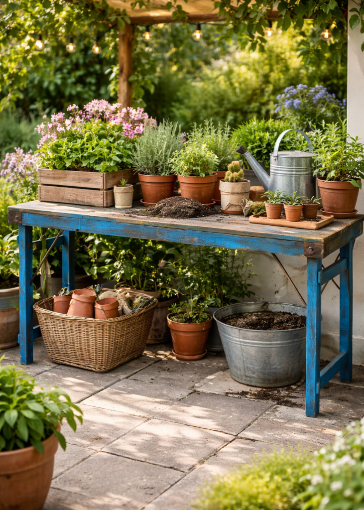 Alter Konsolentisch B 170 cm shabby blau, als Pflanztisch auf der Terrasse