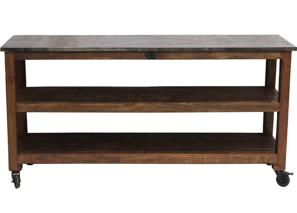 Altholz Tisch auf Rollen mit Zinkoberfläche – vielseitiger Servierwagen oder Sideboard im Industrial Stil
