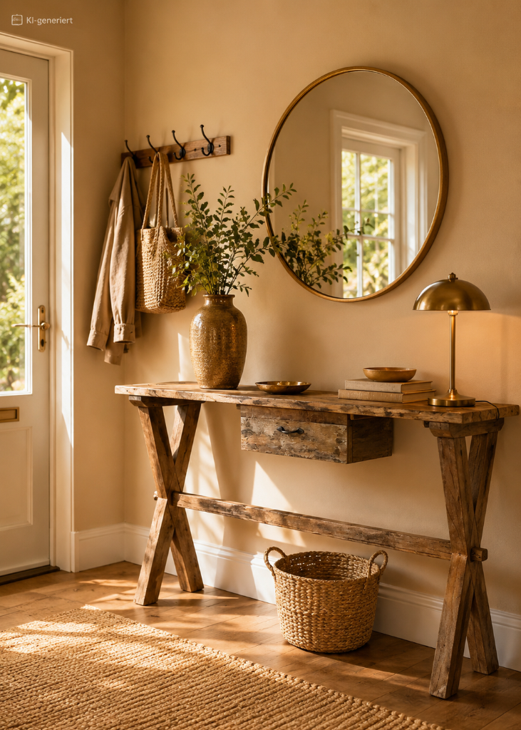 Rustikaler Konsolentisch aus massivem Altholz mit Schublade im Vintage-Landhausstil.