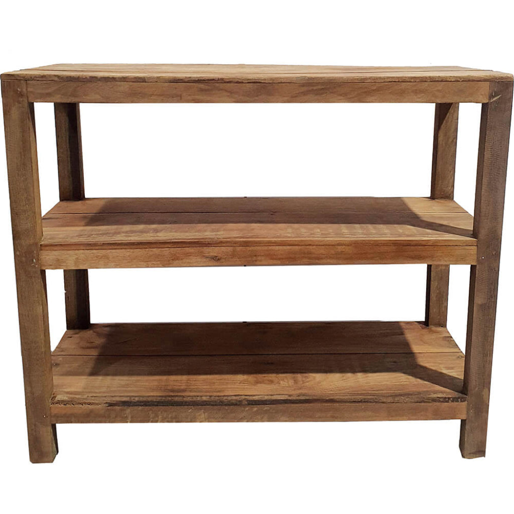 Niedriges Holzregal aus Altholz mit 2 Ablagen in natur, vintage Konsolentisch rustikal Küche