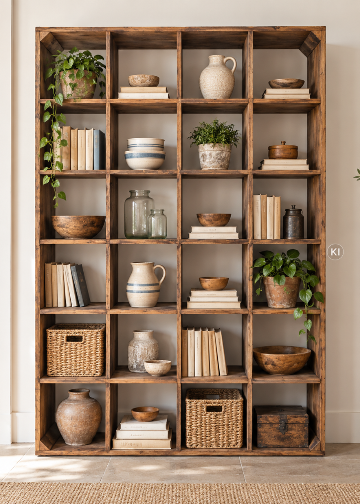 Altholzregal H 183 cm mit 24 offenen Fächern aus recyceltem Holz, rustikales Holzregal im Landhausstil für Wohnzimmer und Esszimmer.