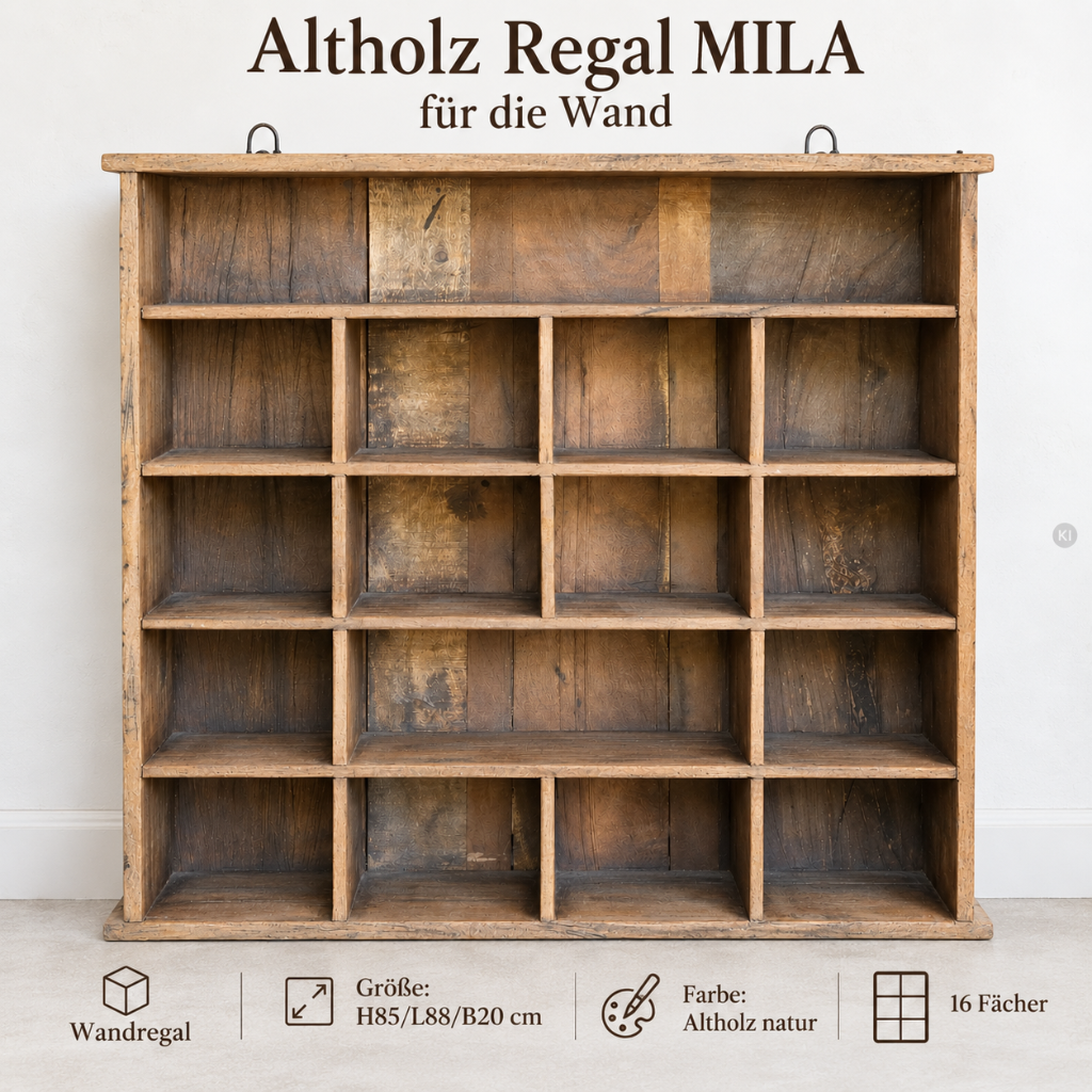 Altholz Regal MILA mit blau-weißem Geschirr, Kaffeebechern und Schalen für eine gemütliche Landhausküche.