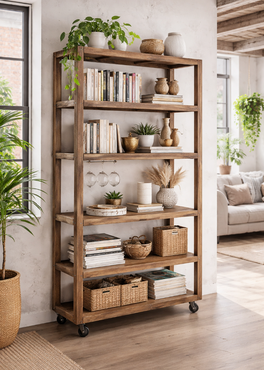 Altholz Regal ELLA auf Eisenrädern H 180 cm – industriell Landhausstil