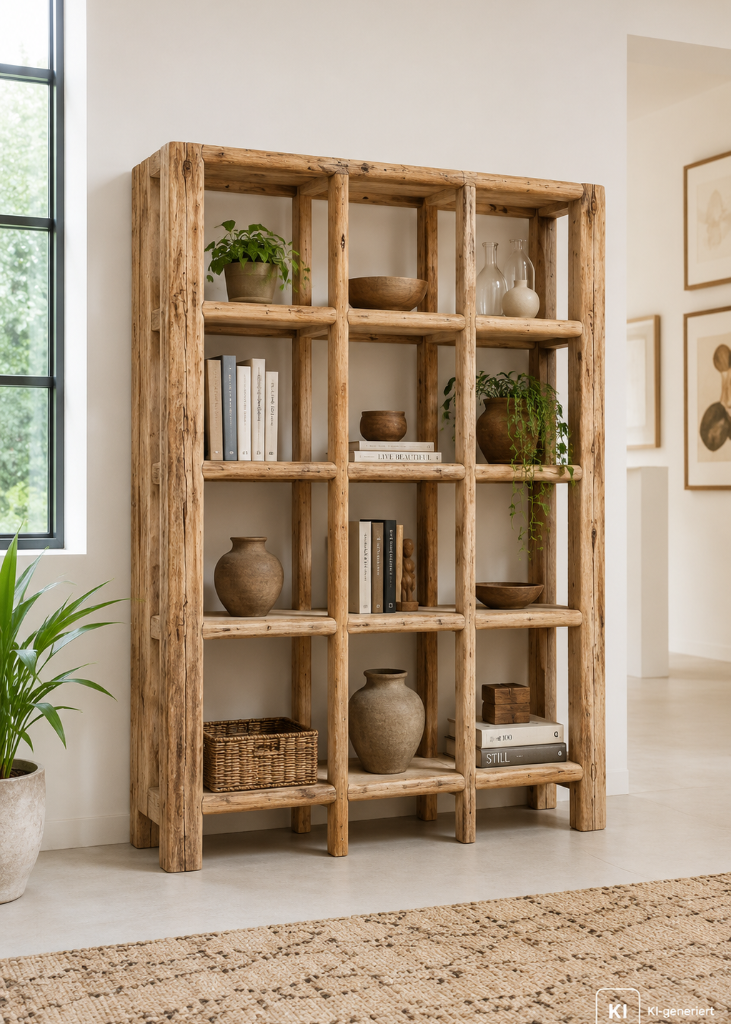 Altholz Regal TOM aus recyceltem Holz mit 4 großen Fächern als rustikaler Raumteiler im Wohnzimmer.