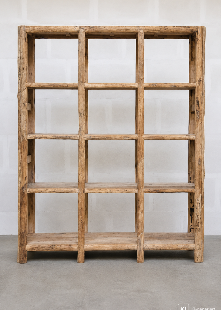 Großes Altholz Bücherregal TOM in Natur aus wiedergewonnenem Holz, 210 × 180 × 52 cm.