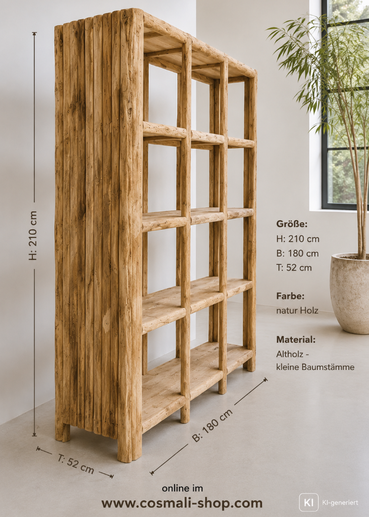 Rustikales Holzregal aus Altholz mit massiver Bauweise für Wohnzimmer, Küche oder Ladeneinrichtung.