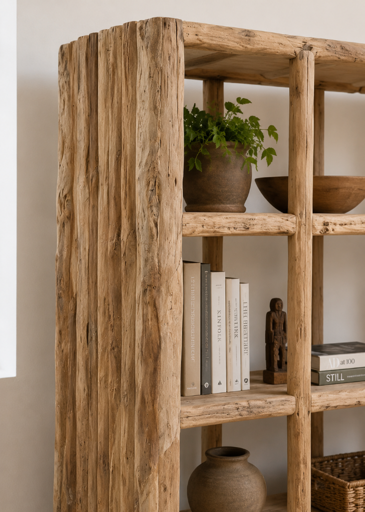 Massives Altholz Regal TOM als stilvolles Wohnregal und Bücherregal aus recyceltem Naturholz.