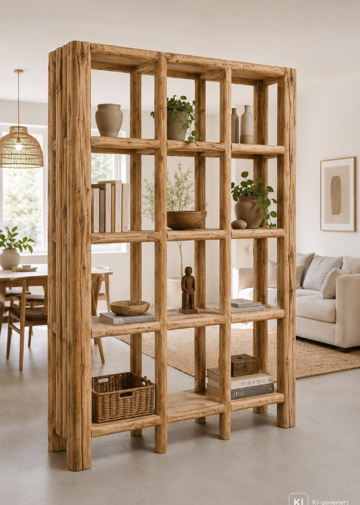 Altholz Raumteiler TOM aus kleinen Baumstämmen mit natürlicher Holzstruktur und einzigartigem Unikat-Charakter.