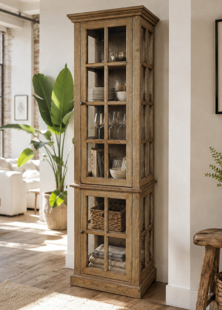 CILIA schmale Vitrine Naturholz im Vintage Look – zeitloser Designklassiker für ein stilvolles Zuhause