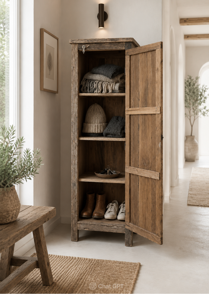 Einzigartiger Altholzschrank EVA aus recyceltem Holz mit einer Tür im Vintage-Stil – nachhaltiger Spind mit natürlicher Holzpatina und praktischem Stauraum.