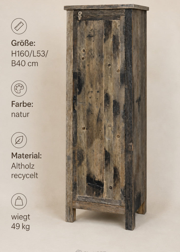 Rustikaler Altholzschrank EVA aus Recyclingholz mit einer Tür, vier Fächern und zeitlosem Vintage-Design, Altholmöbel für Flur, Schlafzimmer oder Wohnzimmer.