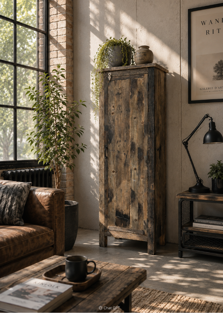 Schmaler Altholzschrank EVA mit einer Tür aus hochwertigem Recyclingholz, nachhaltiges Möbelstück mit viel Stauraum und authentischem Vintage-Look, Altholzmöbel