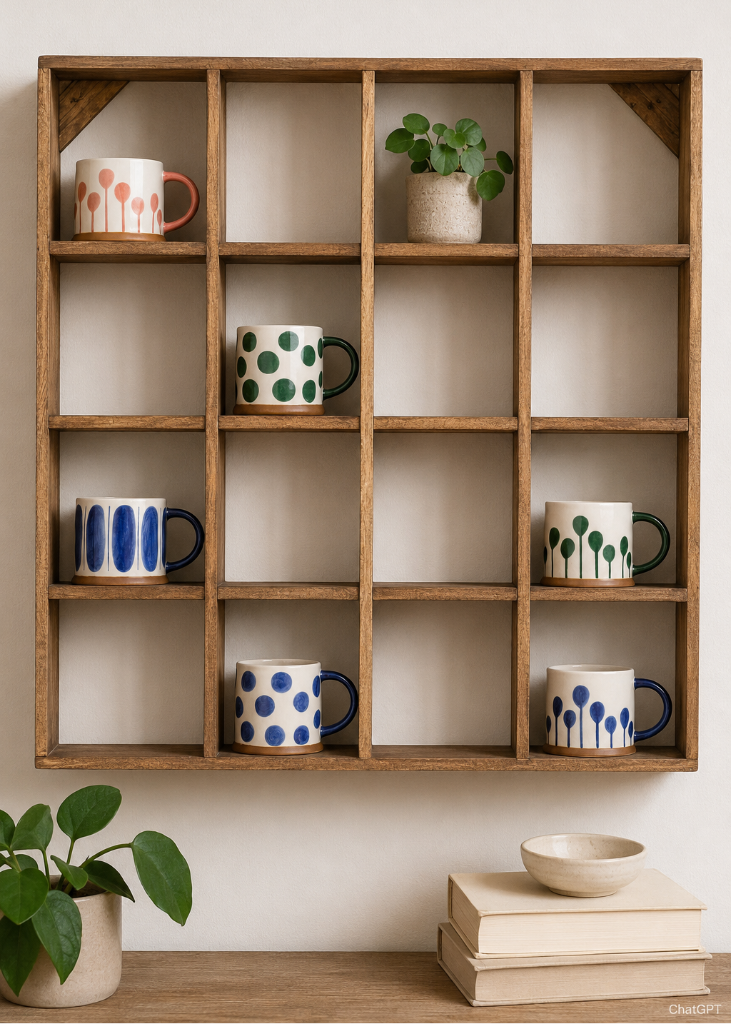 Holzregal aus wiedergewonnenem Holz mit 16 Fächern für Tassen, Gewürze und Küchenaccessoires im modernen Landhausstil.
