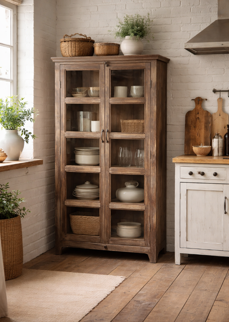Rustikale Vitrine aus recyceltem Holz im modernen Landhaus Esszimmer