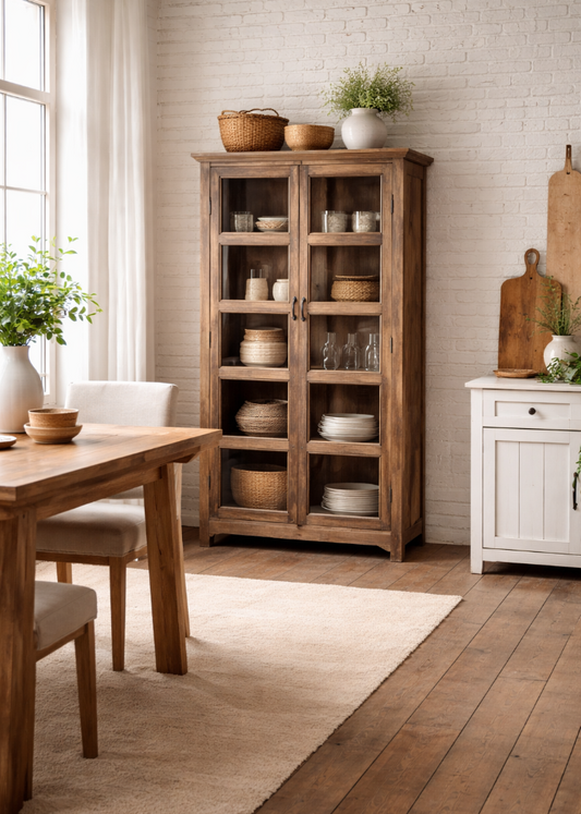 Altholz Vitrine im hellen industriellen Esszimmer im Vintage Landhaus Stil