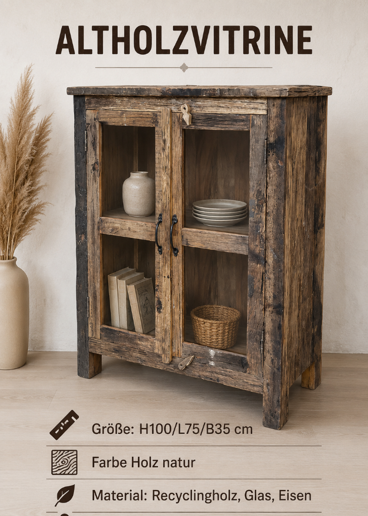 Kleine Altholzvitrine Lucy aus massivem Recyclingholz mit Glastüren im Vintage-Landhausstil.