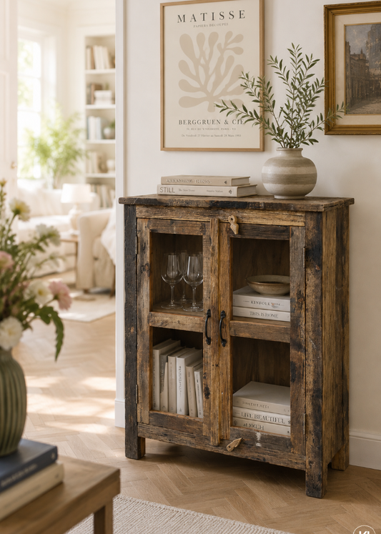 Handgefertigte Holzvitrine aus Recyclingholz mit natürlicher Patina für Wohnzimmer oder Flur.