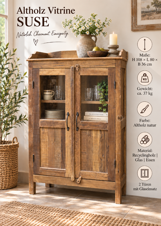 Altholz Vitrine SUSE aus Recyclingholz mit zwei Glastüren, natürliches Holz – kleiner Vitrinenschrank für Küche und Esszimmer.