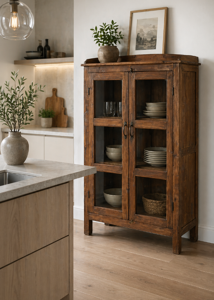 Altholz Vitrine im Landhausstil mit zwei Glastüren, rustikaler Holzschrank als Küchenschrank oder Vintage Möbel Einzelstück