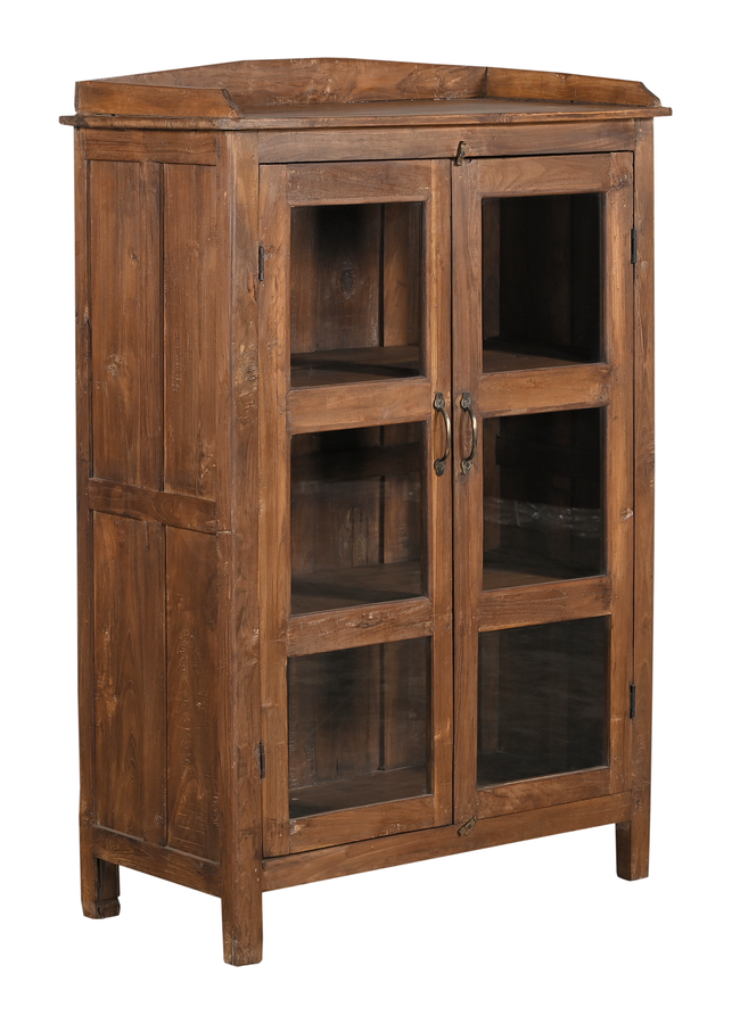 Vintage Holz Vitrine braun mit Glastüren und viel Stauraum, kleiner Küchenschrank im Farmhouse Stil aus Altholz