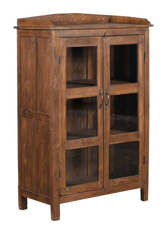 Vintage Holz Vitrine braun mit Glastüren und viel Stauraum, kleiner Küchenschrank im Farmhouse Stil aus Altholz