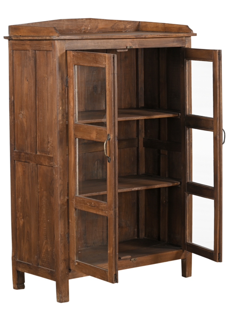 Holz Vitrine braun im Vintage Look mit zwei Türen und Glas, kompakter Küchenschrank mit viel Stauraum im Landhausstil