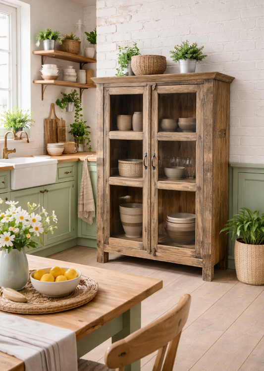 „Kleine Vitrine ILSA aus Altholz im Landhausstil – rustikaler Holzschrank 140 cm mit Glastüren“