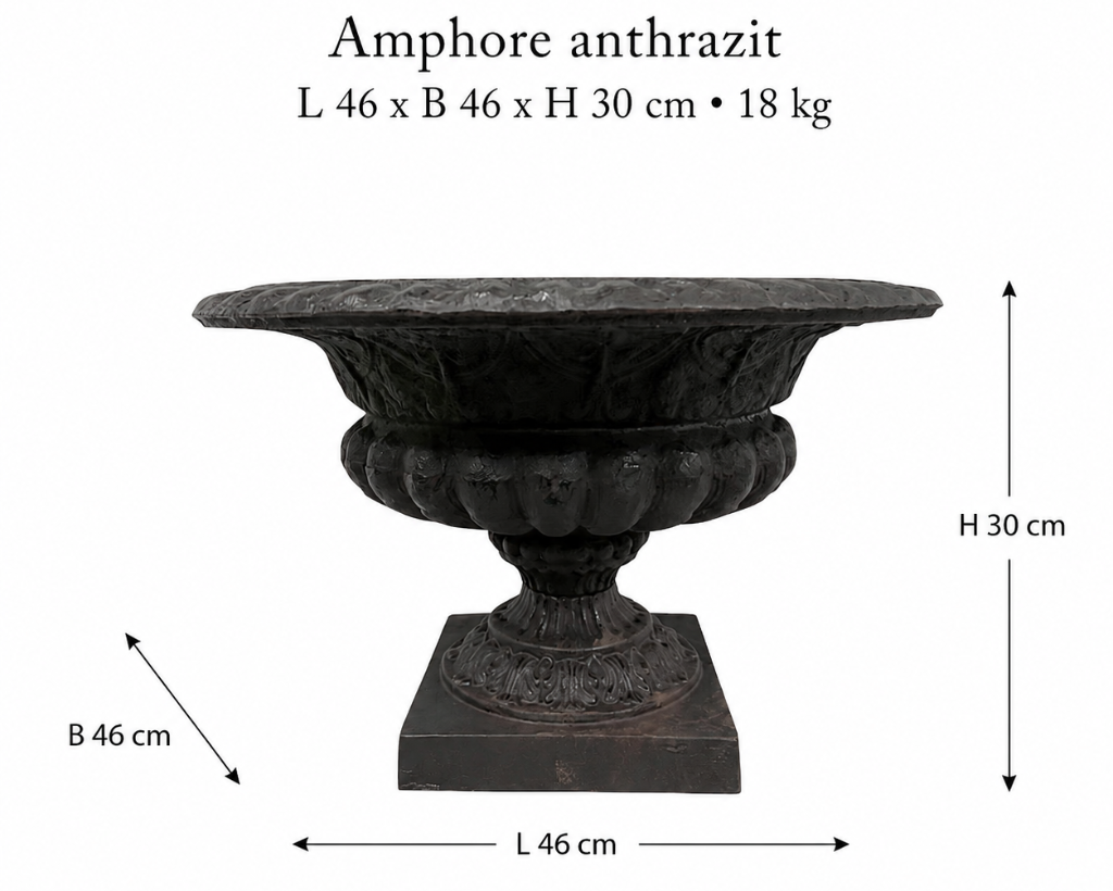 Runde Amphore anthrazit D 46 cm aus massivem Gusseisen für Garten und Terrasse