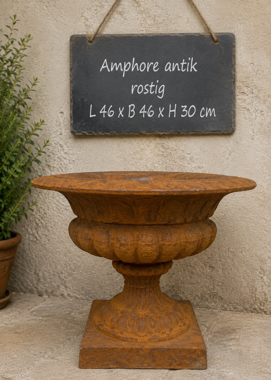 Antik rostige Amphore aus Gusseisen als Pflanzschale im Landhausstil mit Verzierungen 46 cm