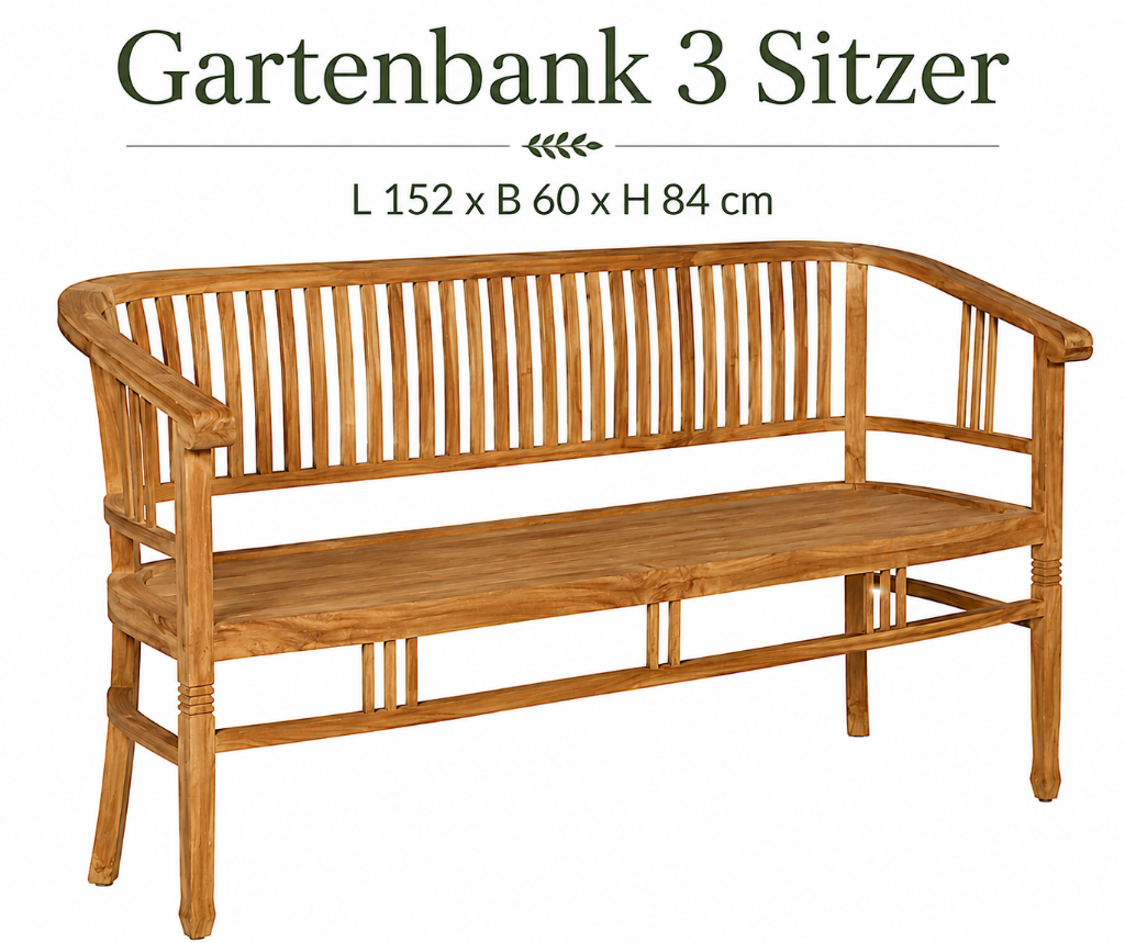 Wetterfeste Teakholz Gartenbank für 3 Personen im klassischen Landhausdesign für Garten und Terrasse