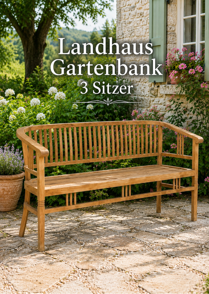 Landhaus Gartenbank 3 Sitzer aus massivem Teakholz auf heller Terrasse im mediterranen Landhausstil